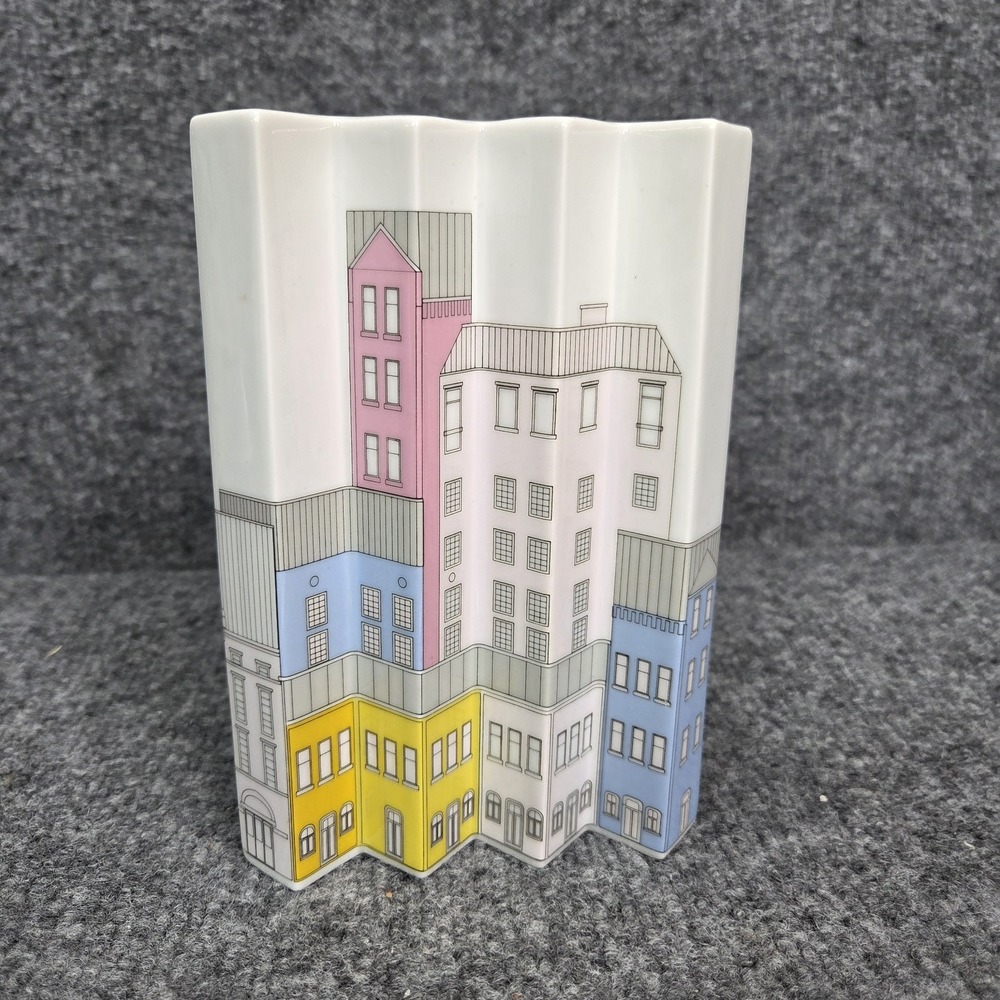 Vintage 1980's Thomas Germany Geometric Skyline Houses Ceramic Rosenthal Vase‎